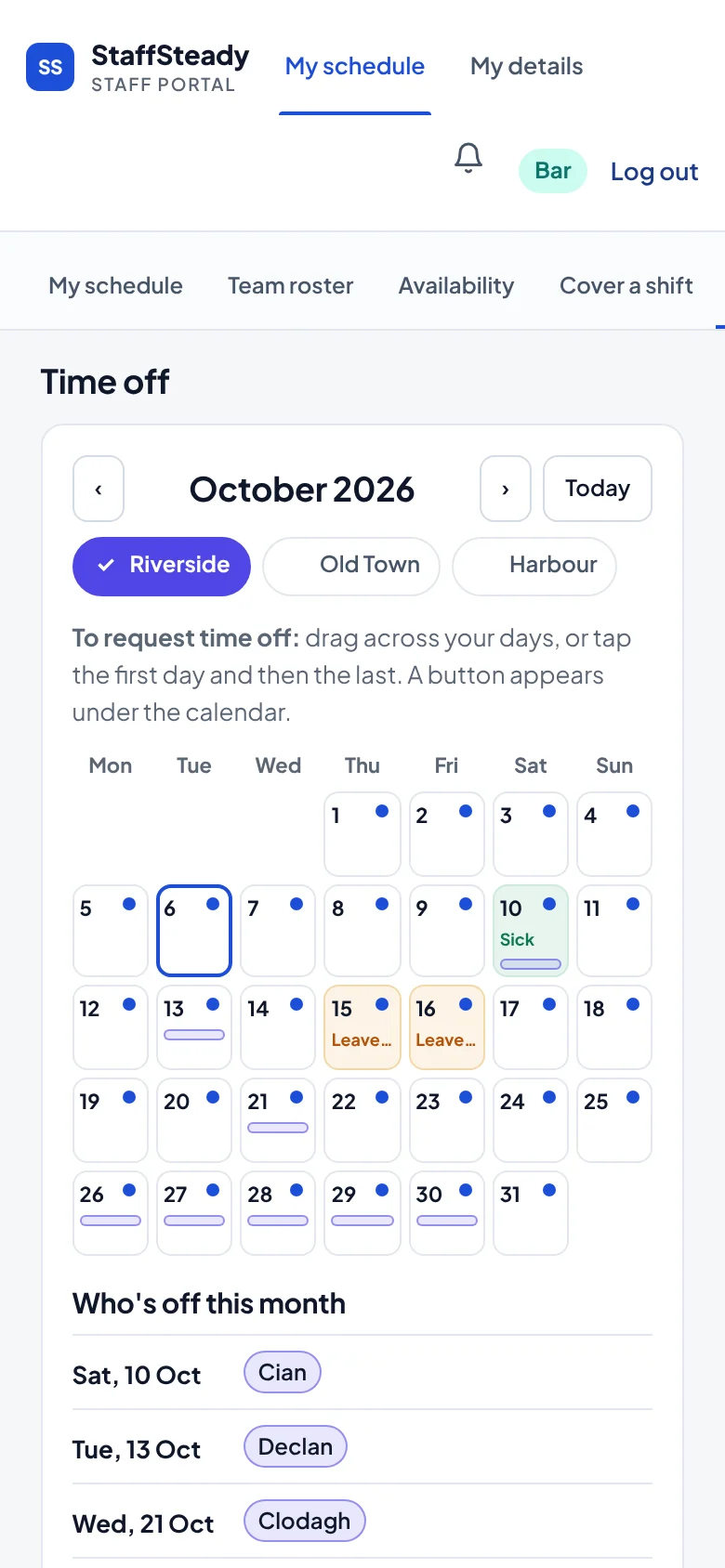 The StaffSteady staff app on a phone, showing the time-off calendar